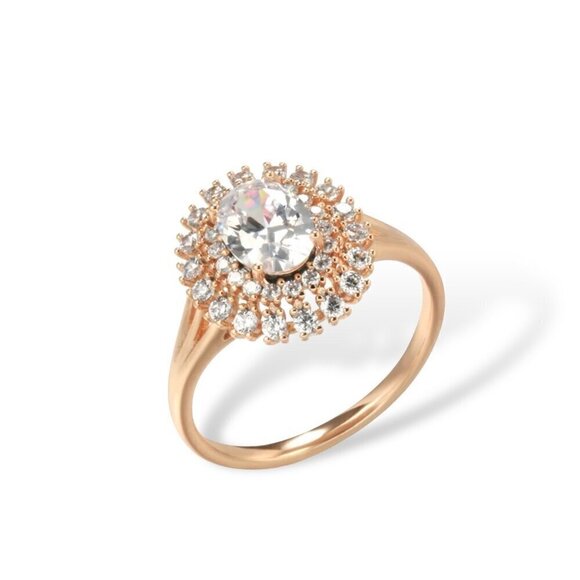 NWT Statement Ring Sz.8 14K Rose Gold Plated Oval Solitaire CZ Double Halo Retro - Picture 7 of 9